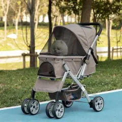 PawHut Travel Pet Stroller for Dogs, Cats, One-Click Fold Jogger Pushchair with Swivel Wheels, Brakes, Basket Storage, Safety Belts, Adjustable Canopy, Zippered Mesh Window Door