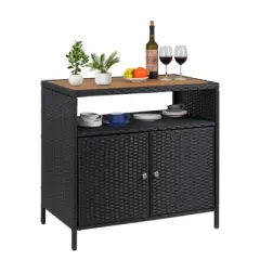 Outdoor Storage Cabinet with Doors - Weatherproof Rattan Patio Storage Box & Bar Table
