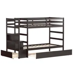 Costway Twin Over Twin Bunk Bed with Trundle Stairway and Storage Shelf Drawer White\Espresso\Grey
