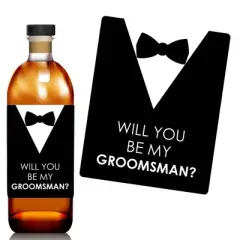 Big Dot of Happiness Suit Up - Will You Be My Groomsman Gift for Men - Whiskey or Wine Bottle Label Stickers - Set of 4