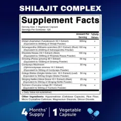 Shilajit Complex Capsules, 9000mg Equivalent, with Ashwagandha, Rhodiola, Ginseng, Cordyceps, Ginkgo, Nettle, Turmeric - 120 Veggie Capsules