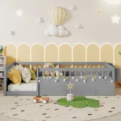 Twin/Full Floor Bed Frame with LED Light, Montessori Bed Wooden Toddler Bed with Safety Guardrails & Storage Shelf - ModernLuxe