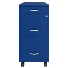Space Solutions 18 Inch Wide Metal Mobile Organizer File Cabinet for Office Supplies and Hanging File Folders w/ Pencil Drawer & 3 File Drawers, Blue