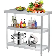Stainless Steel Work Table with Lockable Casters,  3-Tier Commercial Kitchen Prep Table, Metal Utility Table