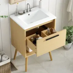 ALEXOUN 24" Small Freestanding Bathroom Vanity with Ceramic Sink and Drawer & Open Shelf,Natural Wood Single Bathroom Sink Cabinet,for Small Spaces
