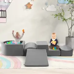 Costway 5PCS Climb and Crawl Playset with Ball Pit for Kids Zippers for Playroom Gray/Pink