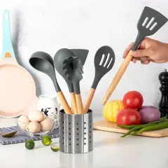 Basicwise Round Metal Utensil Holder &ndash; Countertop Organizer with Drain Holes for Spoons, Spatulas, Cutlery & More, Stylish Silver Kitchen Storage