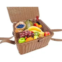KOVOT Poly-Wicker Picnic Basket | 14" x 12" x 7.5" | for Picnics, Parties and BBQs | Hand Woven with Leather Straps