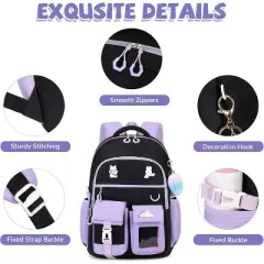 Girls Lightweight Backpack, Kawaii School Bookbag for Kids Ages 6&ndash;14, Primary & Elementary School, Green & Purple with Luggage Strap