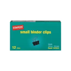 Staples Binder Clips Small 3/4" Width 3/8" Capacity Black 12/Pk 15350