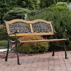 Sunnydaze 2-Person Ivy Crossweave Design Cast Iron and Wood Frame Outdoor Garden Bench