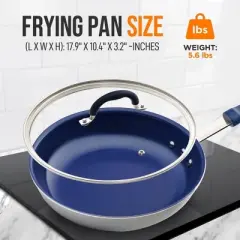 NutriChef 10" Fry Pan With Lid - Medium Skillet Nonstick Frying Pan with Silicone Handle, Ceramic Coating, Blue Silicone Handle