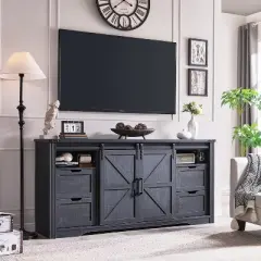 Fireplace TV Stand for 80 Inch TV, 32" Tall Farmhouse Entertainment Center with Drawer, Media Console With Sliding Barn Door for Living Room