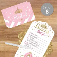 Big Dot of Happiness Little Princess Crown - Fill-In Cards - Pink and Gold Princess Baby Shower or Birthday Party Fold and Send Invitations - Set of 8