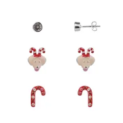 FAO Schwarz Holiday Crystal Stone, Reindeer Puppy and Candy Cane Stud Trio Earring Set