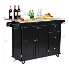 Costway Drop-Leaf Kitchen Island Trolley Cart Wood Storage Cabinet w/ Spice Rack Black