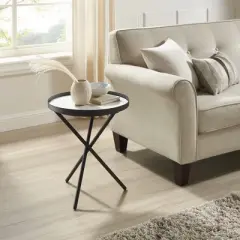 Modern Minimalist Intersecting Tripod Leg Side Table Black/Faux White Marble - Saracina Home