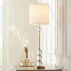 Vienna Full Spectrum Halston Art Deco Buffet Table Lamp 32 1/2" Tall Crystal Ball Brass Metal Off White Fabric Drum Shade for Bedroom Living Room Kids