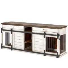 Erommy 84" Wood Dog Crate Furniture Indoor with Divider, Dog Crate End Table with 2 Drawers for Large Breeds, White