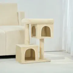 Cat Tree, 33.1-Inch Cat Tower, Cat Condo for Large Cats up to 16 lb, Large Cat Perch, 2 Cat Caves, Scratching Post, Cat Houses for Indoor