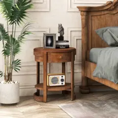 Tangkula 2PCS Nightstand w/ Shelf & Wood Grains Drawer Round End Table for Living Room