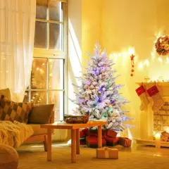 Costway 4.5/6/7 FT Flocked Christmas Tree with 8 Lighting Modes 160/260/350 Multi-Color LED Lights