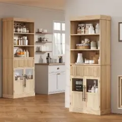 70" Kitchen Pantry Cabinet with Open Shelves, Fluted Drawer and Glass Doors, Wood Display Cabinet for Kitchen, Living Room Natural
