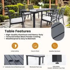7-Piece Outdoor Patio Aluminum Dining Set with 67" Rectangular Table, 6 Swivel Rocker Chairs, and Umbrella Hole