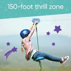 HearthSong 150-Foot Stainless Steel Blue Backyard Zipline Kit with Adjustable Seat, Non-Slip Handles, and Rubber Stopper