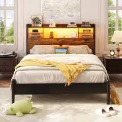 Aheaplus Headboard with Storage shelves and Charging Station, Wood Headboard with LED Light