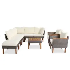9-Pieces Outdoor PE Rattan Sectional Sofa Set with Acacia Wood Legs and Coffee Table