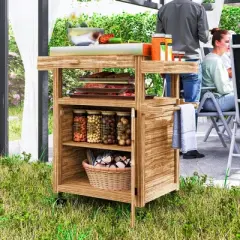Outsunny Outdoor Grill Cart with Wheels and Storage Cabinet, Solid Wood Outdoor Kitchen Island with Stainless Steel Top, Drawer, Side Handle, Brown