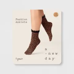 Women's Ruffle Trim Knit Leopard Print Anklet Socks - A New Day&trade; Brown/Black One Size