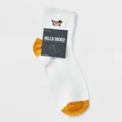 Women's Embroidered Hot Dog Ribbed Ankle Socks - Ivory 4-10: Recycled Polyester, Banded Cuff, Animal Icon