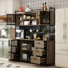 Famapy Brown Woodgrain Multifunctional Kitchen Cabinet Kitchen Sideboard with Hanging Shelf Display Shelf