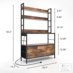 5-Tier Free Standing Baker's Rack with Power Outlet, Metal Kitchen Storage Rack with Hooks and Baskets, Industrial Microwave Rack