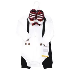 Hudson Baby Infant Boy Cotton Bodysuit, Pant and Shoe Set, Buffalo Plaid Bow Tie