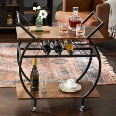 Jomeed Wood and Metal Portable Rolling Kitchen Bar or Coffee Cart with 3 Bottle Horizontal Wine Rack with Handles and Lockable Casters, Gray Oak