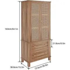 Kitchen Pantry Storage Cabinet with 2 Rattan Doors and 2 Adjustable Shelves, 64" Tall Farmhouse Food Pantries Cabinet for Living Room