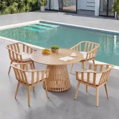 Round Planked Wood Outdoor Dining Set 4 Slatted Back Cushioned Chair Patio Table & Seat Group