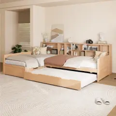Twin Size L Shaped Daybed with Trundle and Storage Drawer, Versatile Corner Bed Frame with Bookcases, Natural/White-ModernLuxe