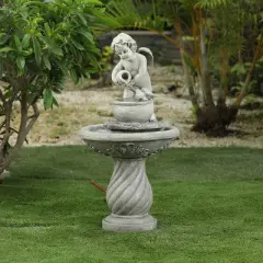 LuxenHome Gray Resin Cherub Birdbath Outdoor Fountain
