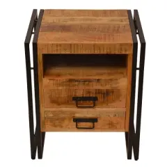 2 Drawer Wooden Farmhouse Side Table with Open Cubby and Iron Frame Brown/Black - The Urban Port