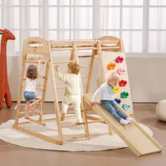 VEVOR Indoor Jungle Gym, 7-in-1 Toddler Indoor Playground,Wooden Toddler Climbing Toys Indoor with Wood & Rope Ladder, Net Ladder, 47.2 x 58 x 56in