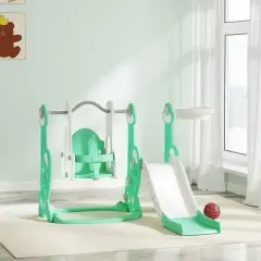 Qaba 4 in 1 Toddler Slide and Swing Set, Indoor Kids Slide for Ages 1.5-4, Toddler Playset Playground with Climber, Basketball Hoop