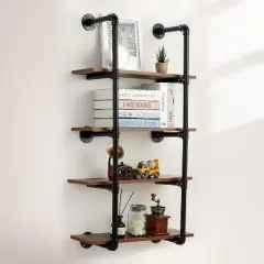 Industrial Pipe Wall-Mounted Wine Rack Shelf - 4-Tier Wood & Metal Storage for Wine, Drinks, Glasses in Bar Kitchen