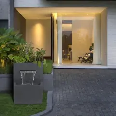 LuxenHome 32" H Resin Modern Waterfall Outdoor Fountain with Planter, Outdoor Water Fountain Indoor and Outdoor Use Gray