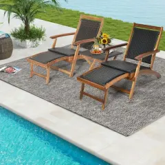 Tangkula Patio Lounge Chair Set of 3 w/ Side Table Quick Folding Design Ottoman Outdoor