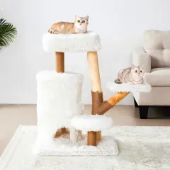Heynemo 35-Inch Cat Tree for Indoor Cats, Multi-Level Tower with Sisal Posts, Dual Condos, Cushioned Perches & Removable Soft Cover,Wood, White