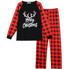 cheibear Christmas Deer Loungewear Long Sleeves Tee Plaid Pants 2 Piece Family Pajama Sets